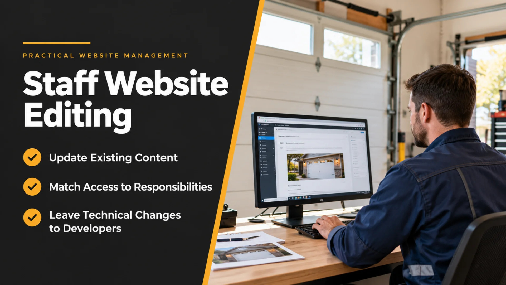 Staff member editing garage door website content with WordPress, illustrating routine website updates and controlled staff access.